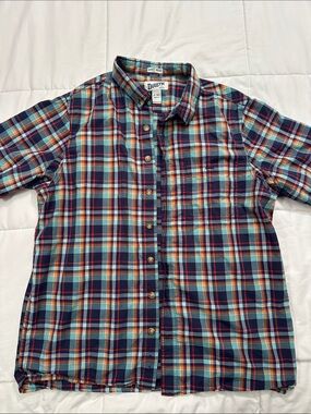 Duluth Trading Co Navy, Teal and Red Plaid Short-Sleeve Button Shirt